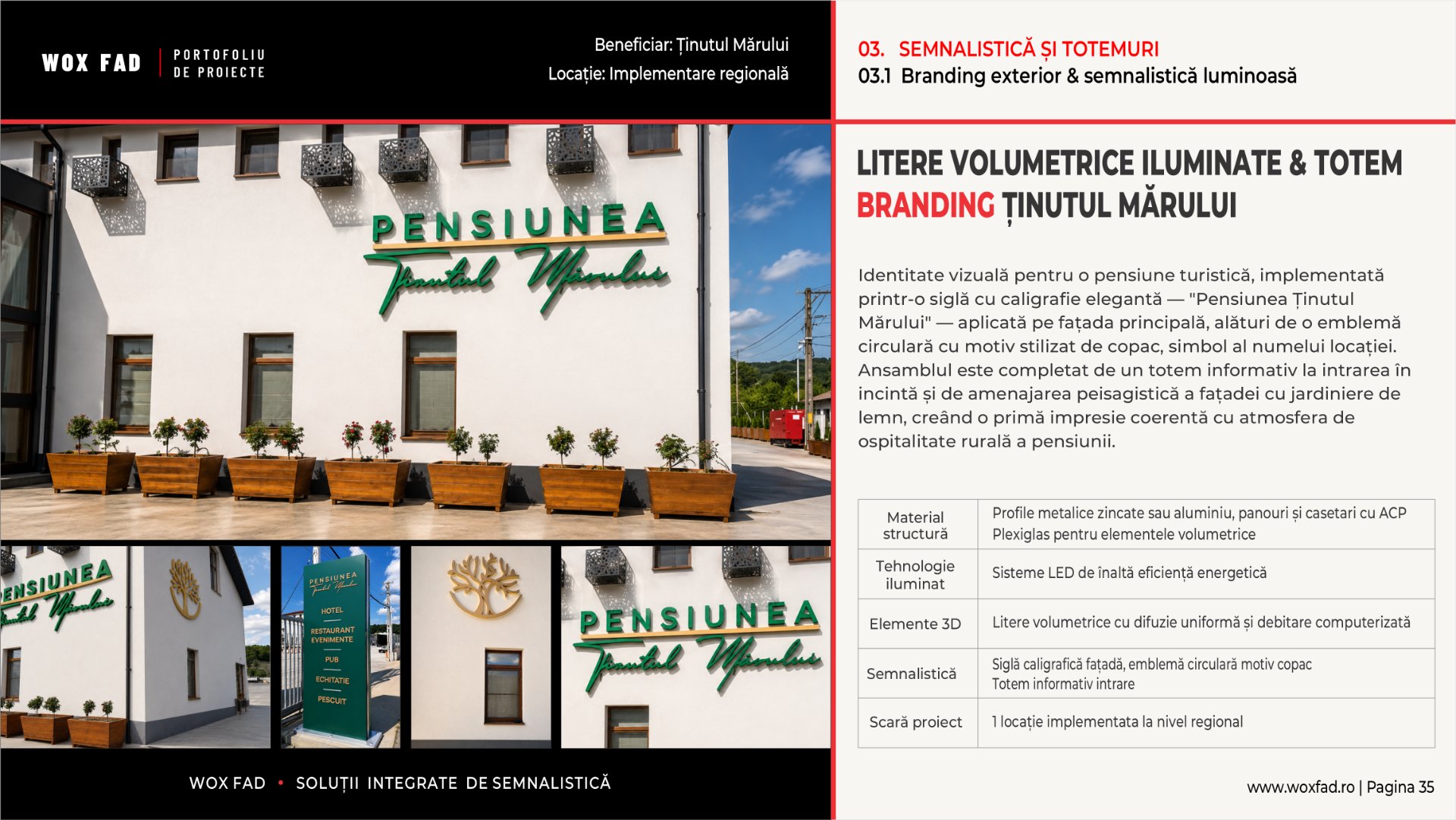 Pensiunea Ținutul Mărului — Litere volumetrice iluminate & totem