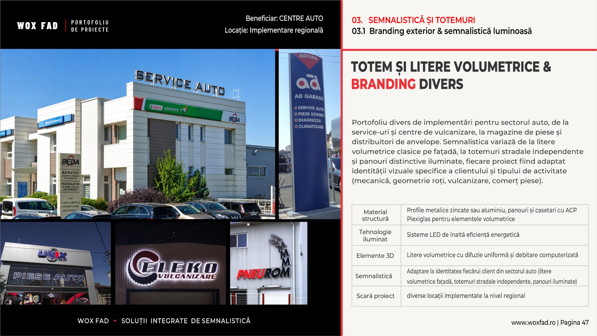Centre auto — totem & litere volumetrice, portofoliu divers