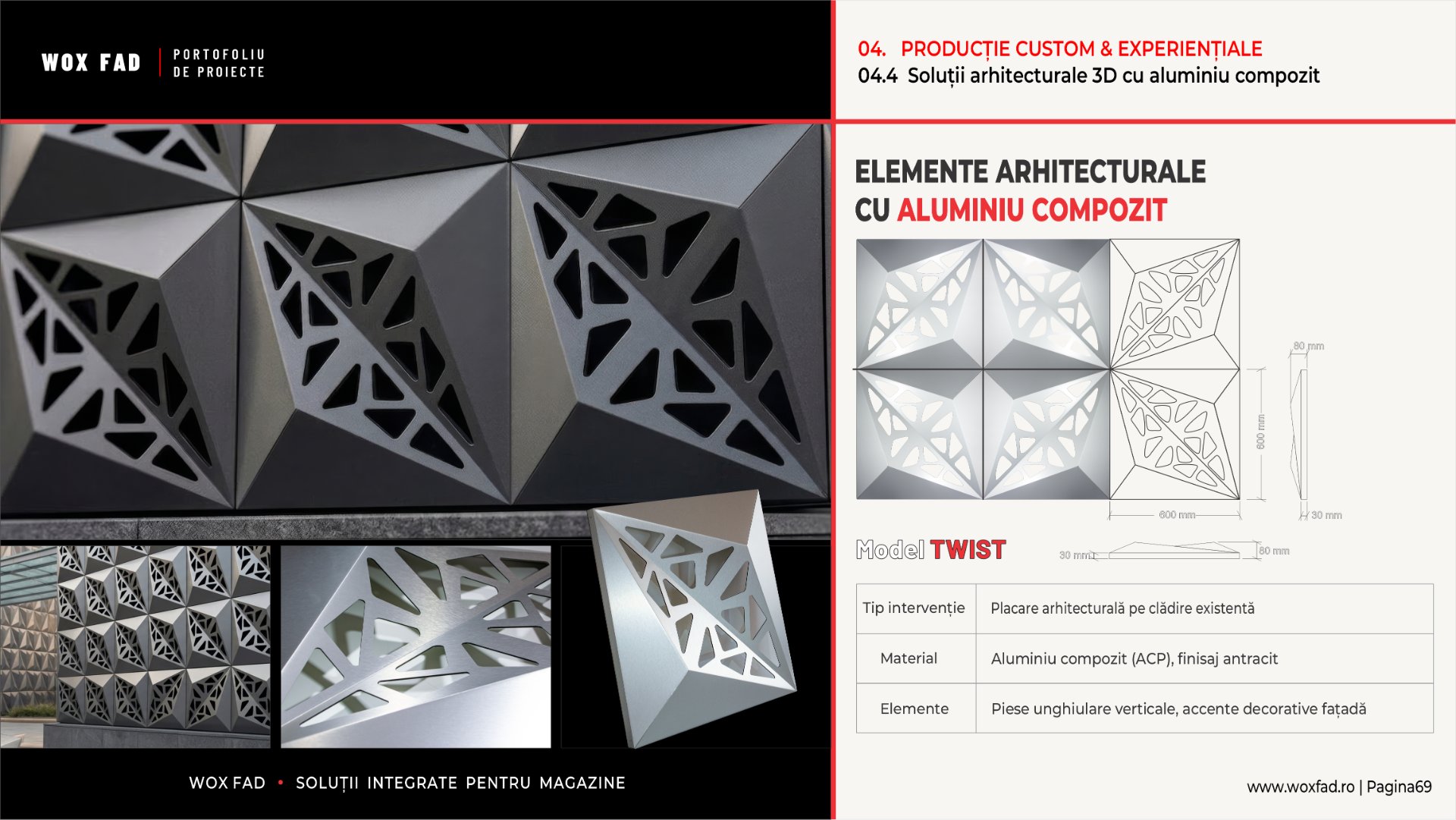 Elemente arhitecturale 3D din aluminiu compozit, model Twist perforat